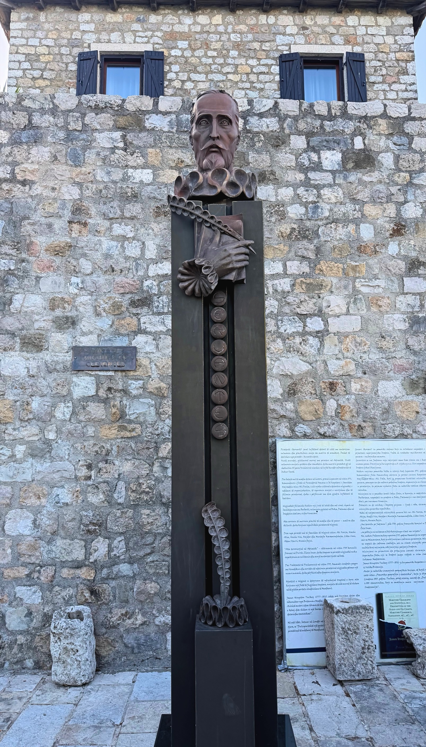 A sculpture of Miguel de Cervantes inside Ulcinj Old Town.