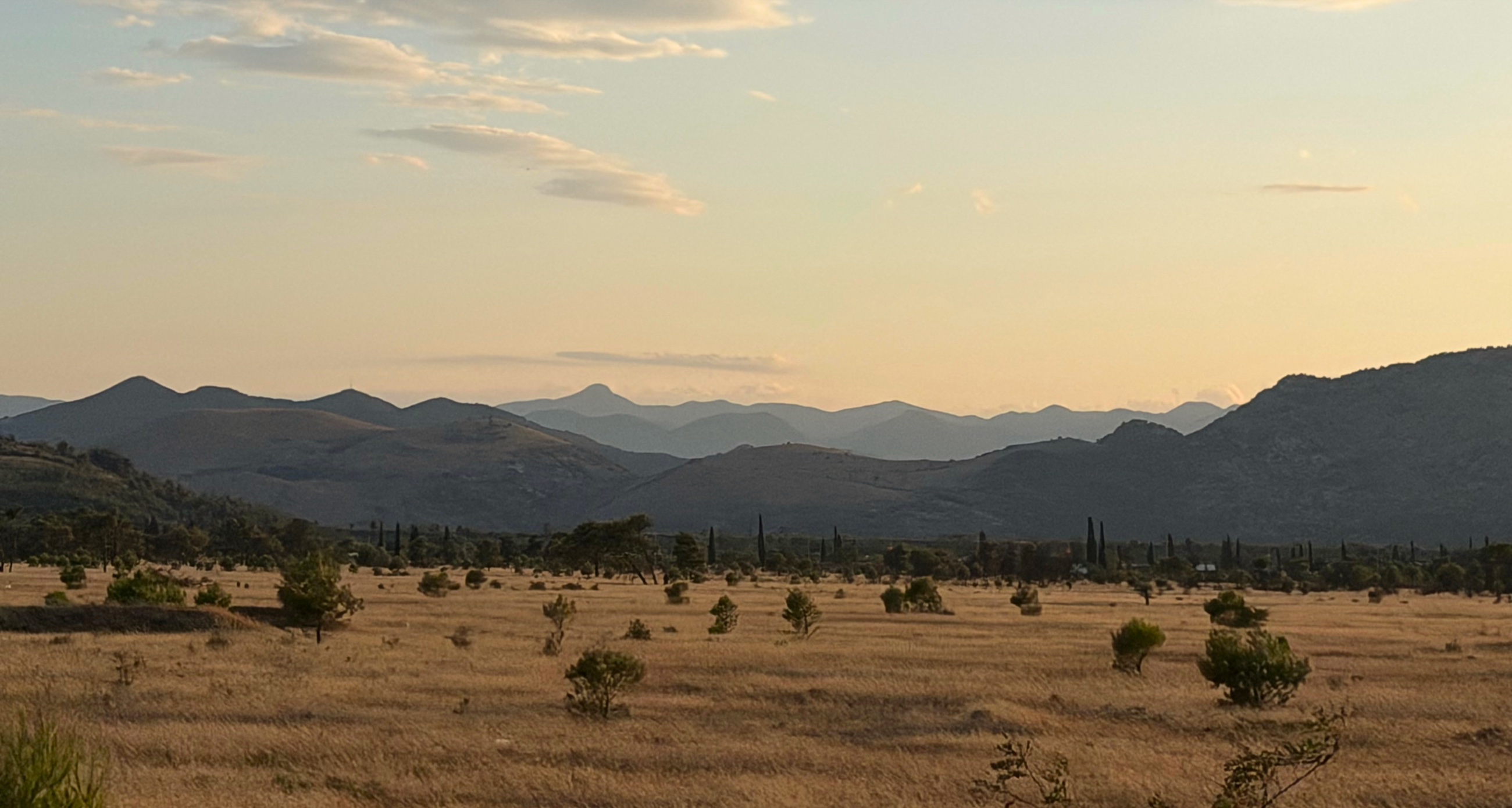 Inland Montenegro from the train with dry fields, olive trees, and layered hills