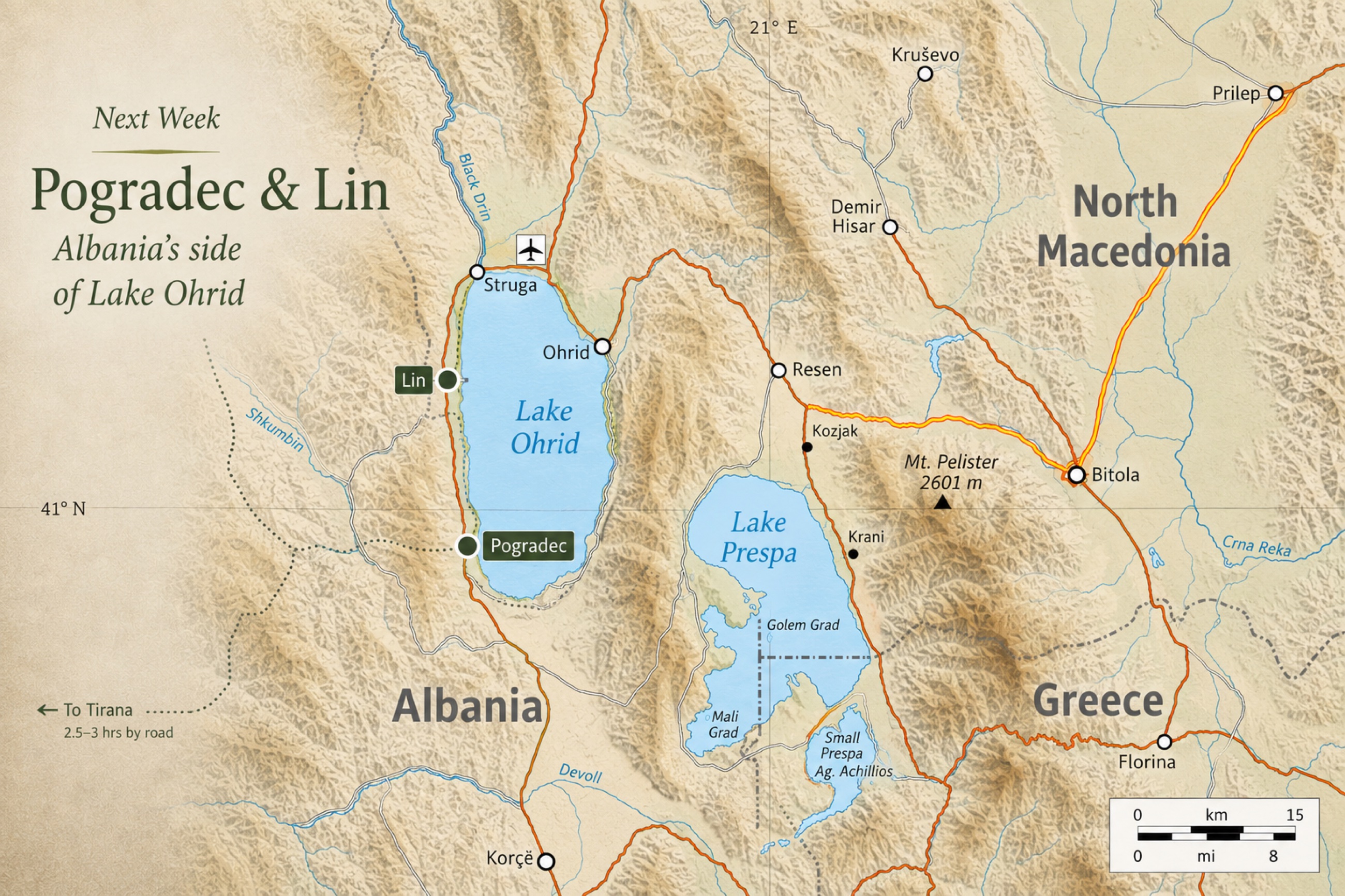 Editorial map of Lake Ohrid showing Lin and Pogradec in Albania, Ohrid in North Macedonia, Lake Prespa, and nearby country context.