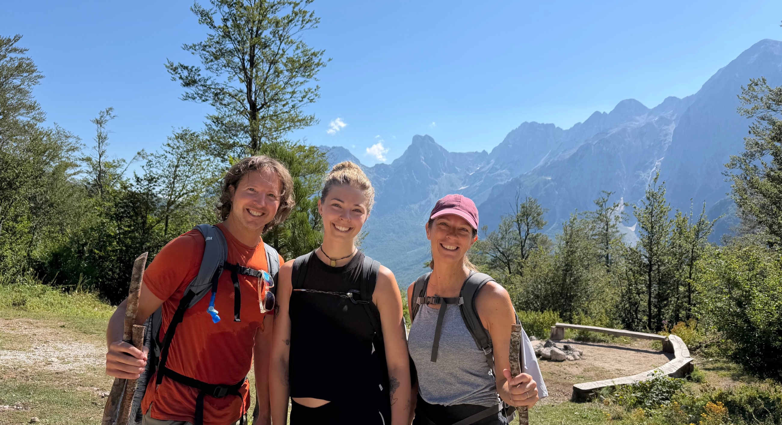 Sam, their daughter, and Stephanie together on the trail in the Albanian Alps.