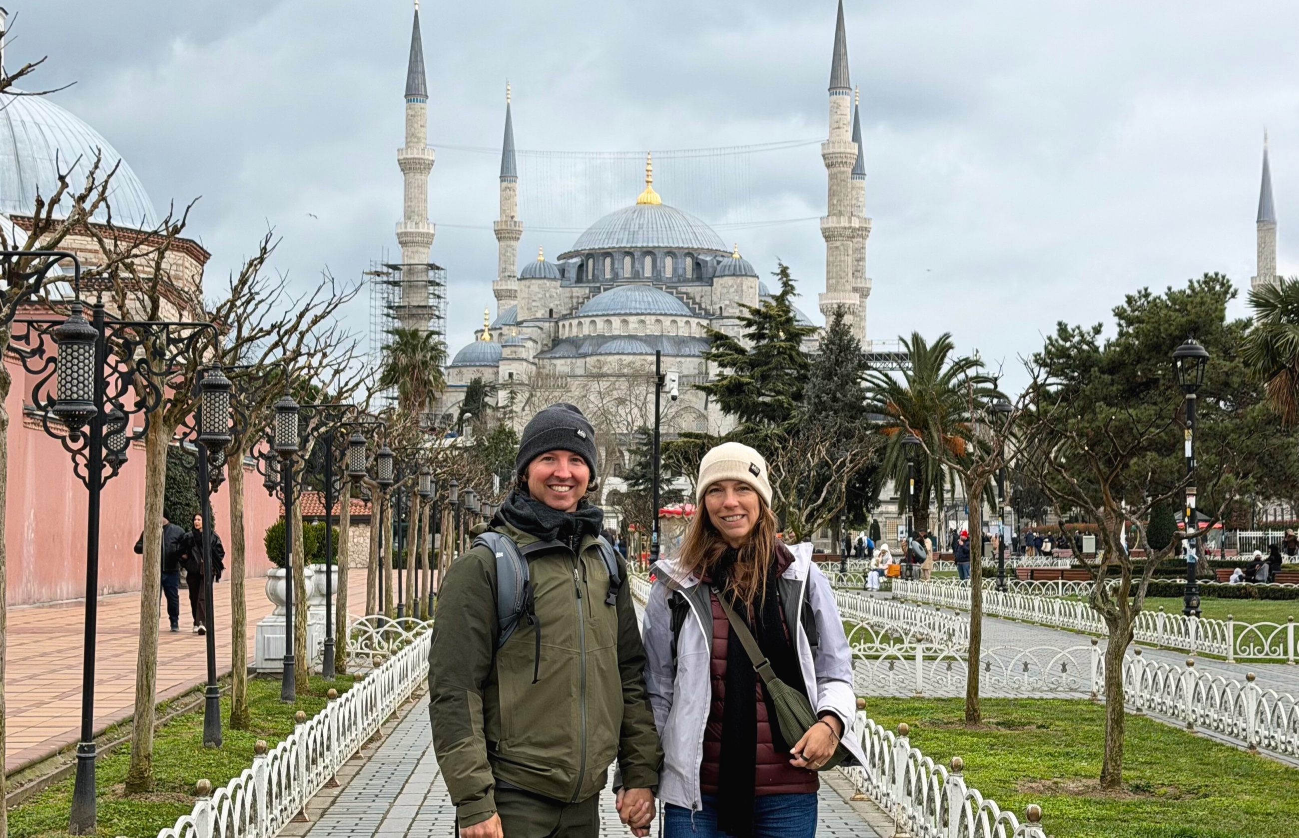 Sam and Stephanie standing near the Blue Mosque in Istanbul.