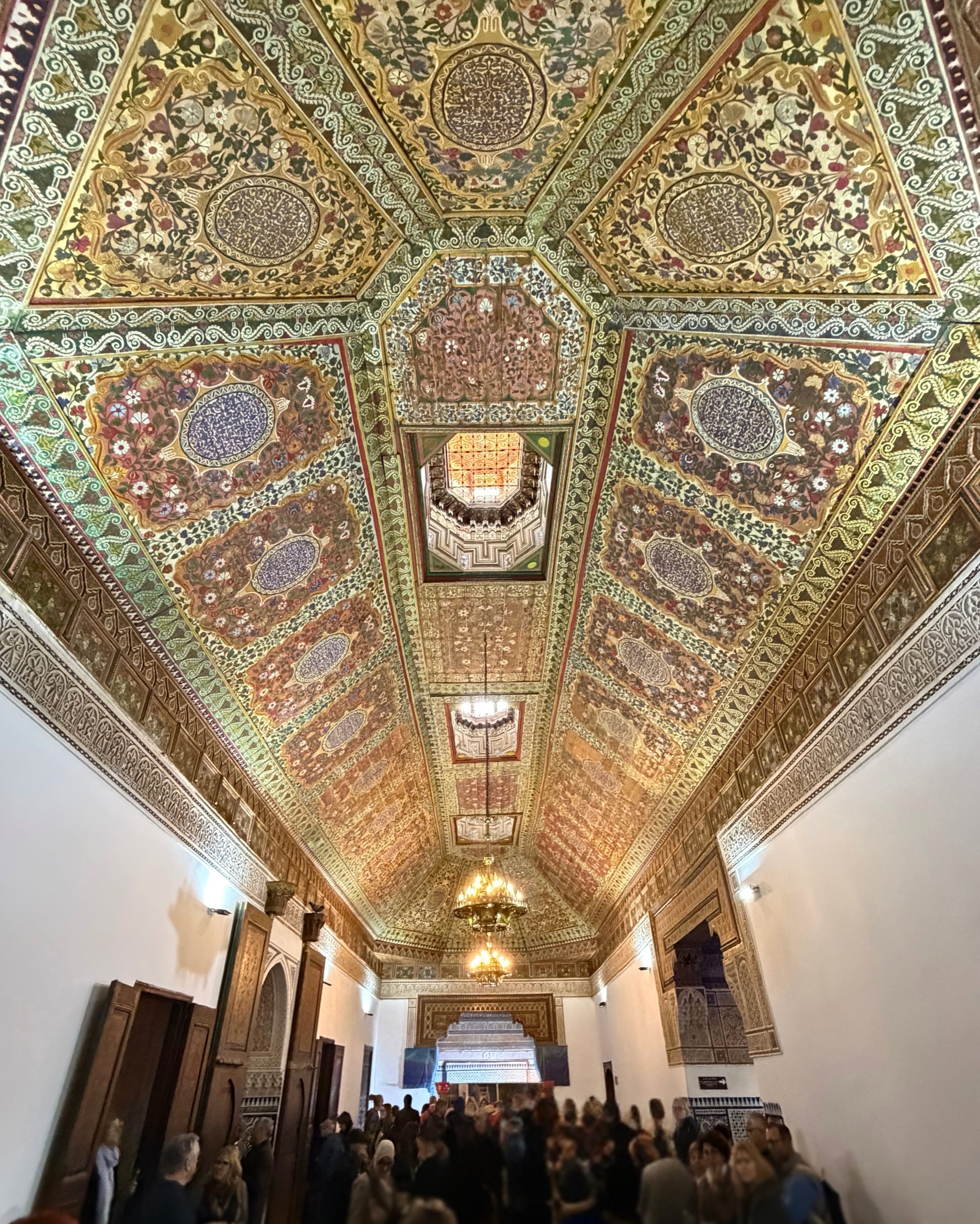 An ornate ceiling and archway at Bahia Palace in Marrakesh.