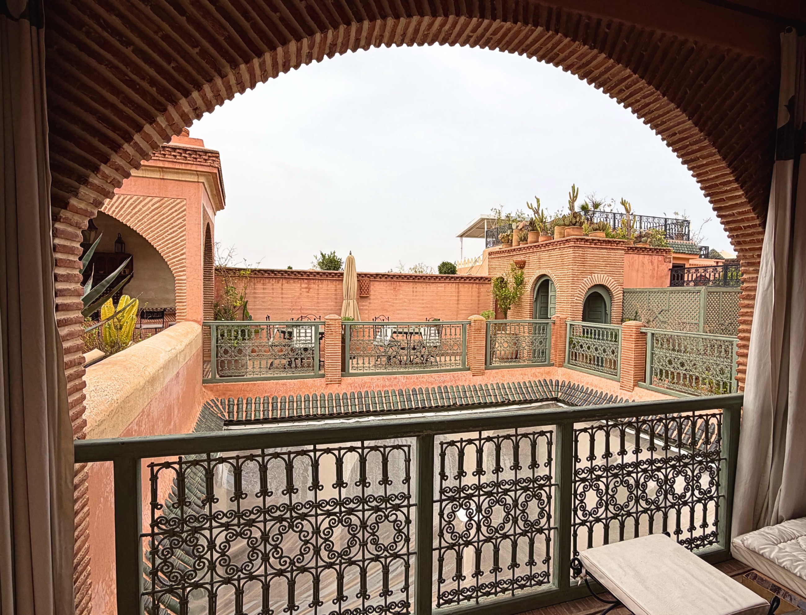 A quiet rooftop terrace at a Marrakesh riad.
