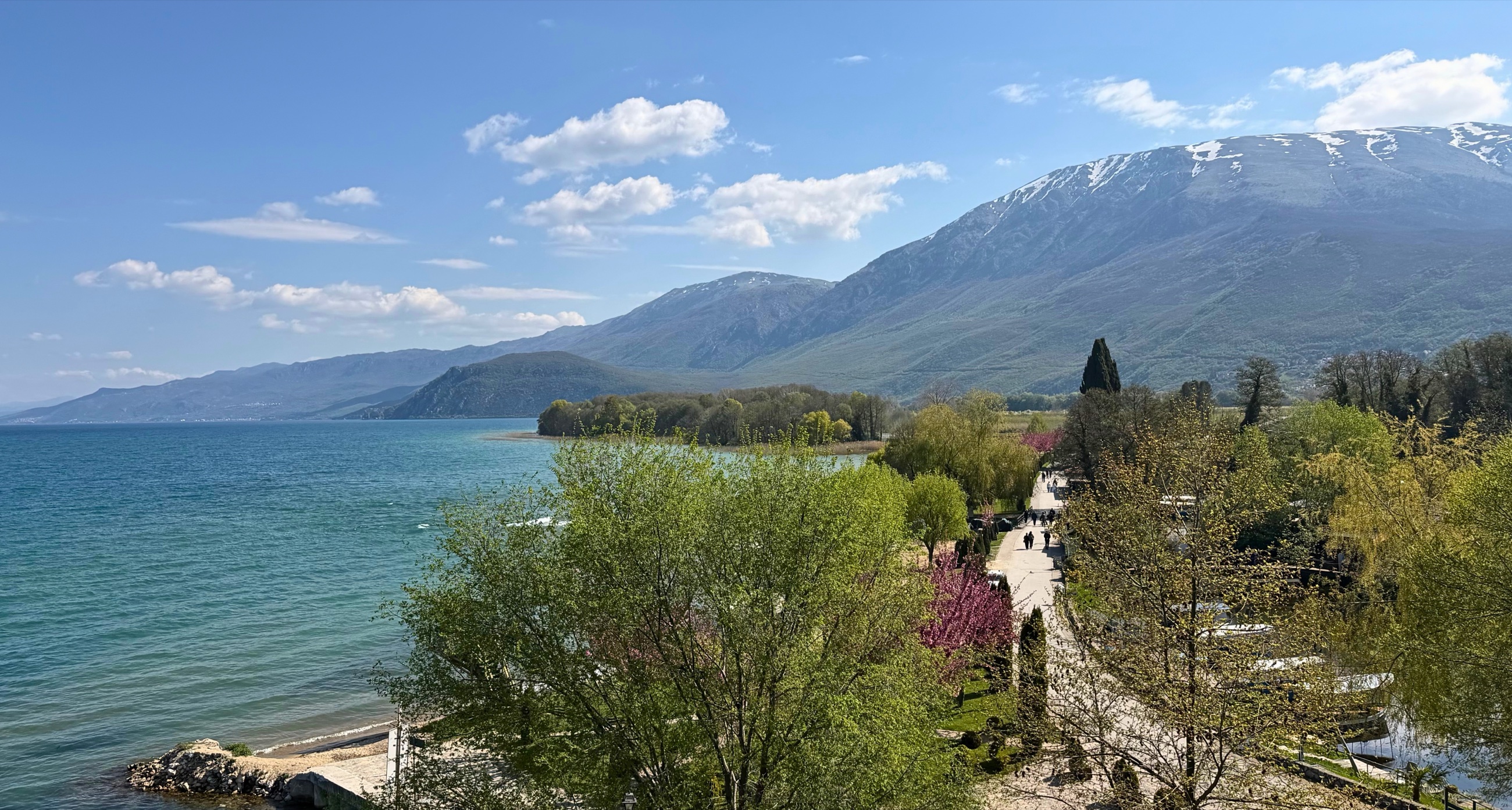 The grounds at Saint Naum with Lake Ohrid and mountains near the shore