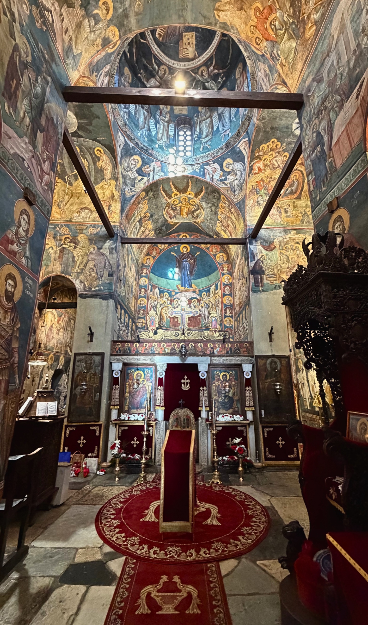 Interior of the Church of St. Mary Peribleptos in Ohrid covered with Orthodox frescoes.