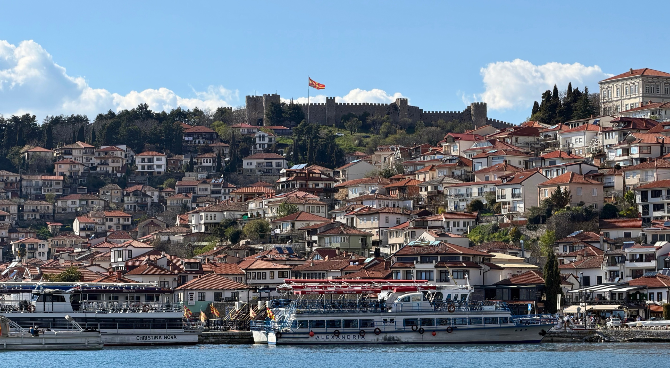Ohrid rising from the lake toward Tsar Samuel's Fortress.