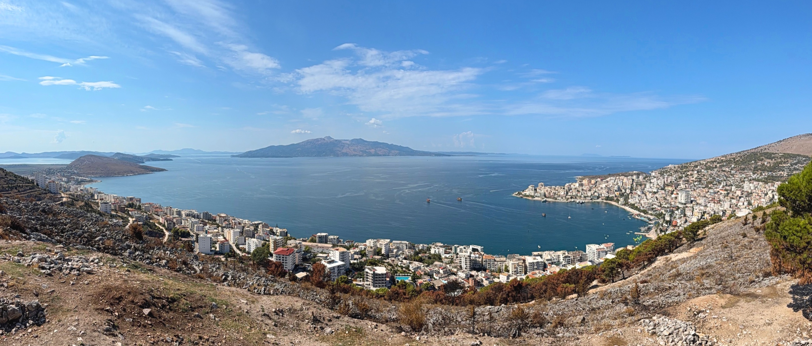 Panoramic view from the Monastery of the Forty Saints across Sarandë Bay, the channel, and the southern coast.