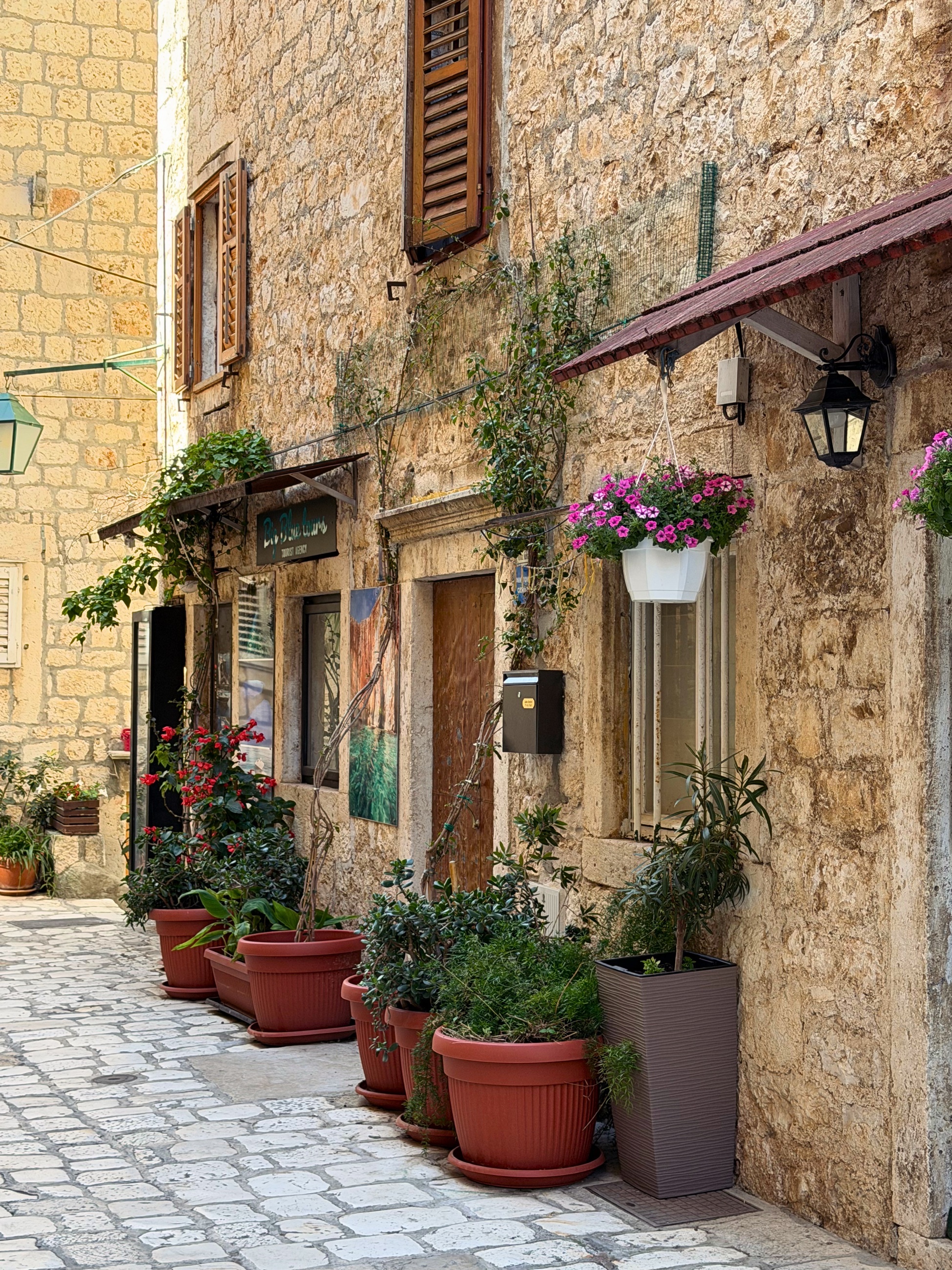 Quiet stone lane in Hvar with shutters, potted plants, and flower boxes
