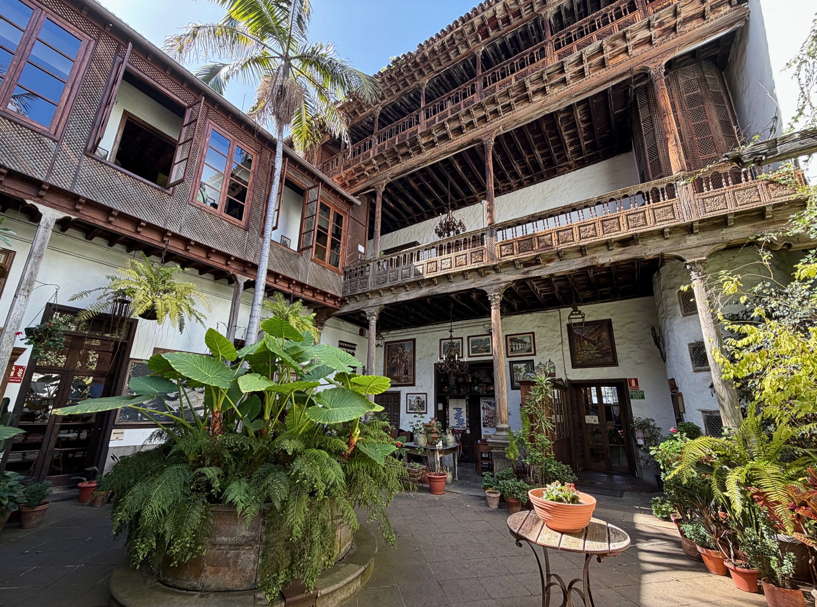 The interior courtyard and wooden balconies of Casa de los Balcones in La Orotava.
