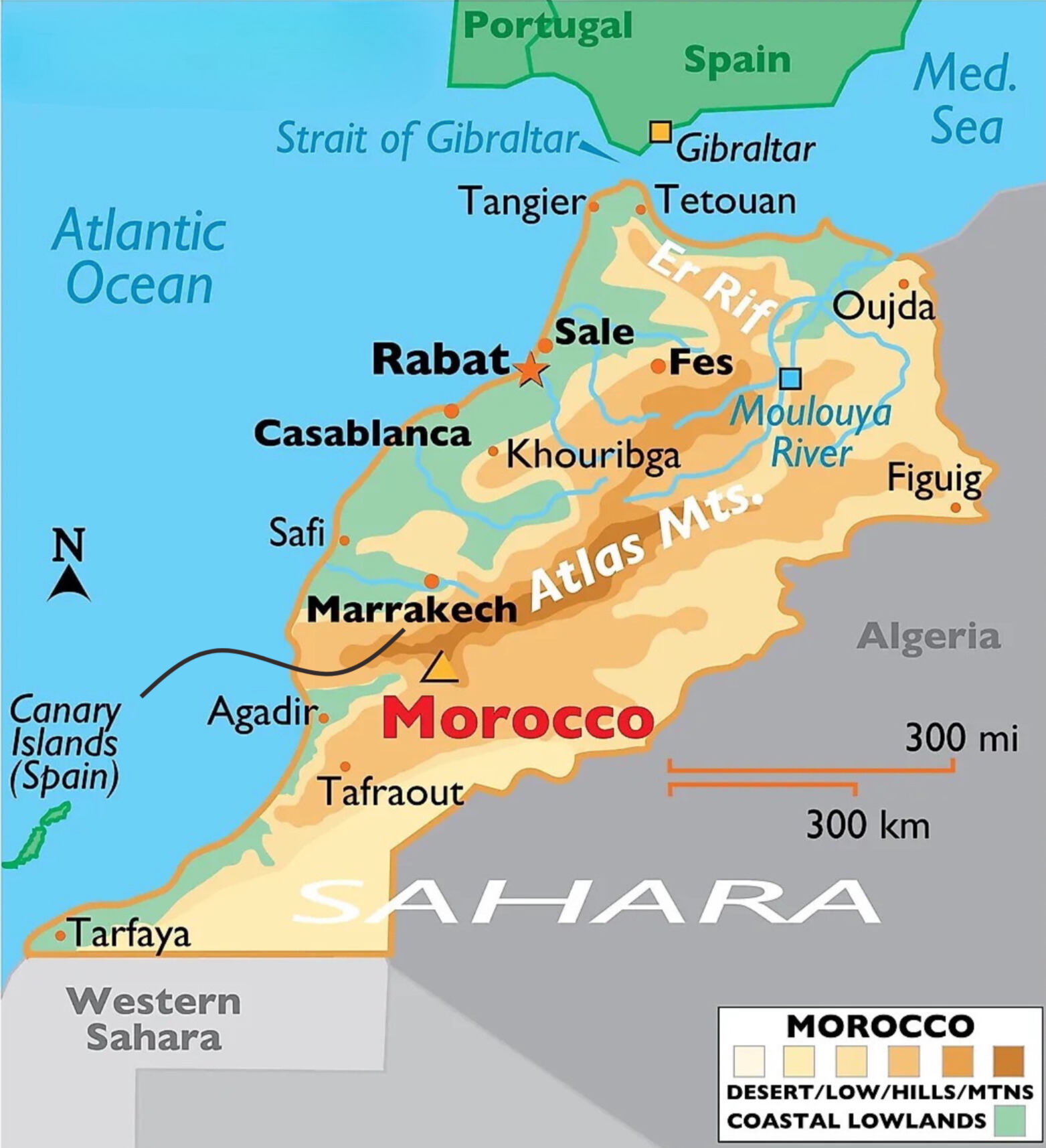 A map showing Morocco, Marrakech, and the Canary Islands off the Atlantic coast.