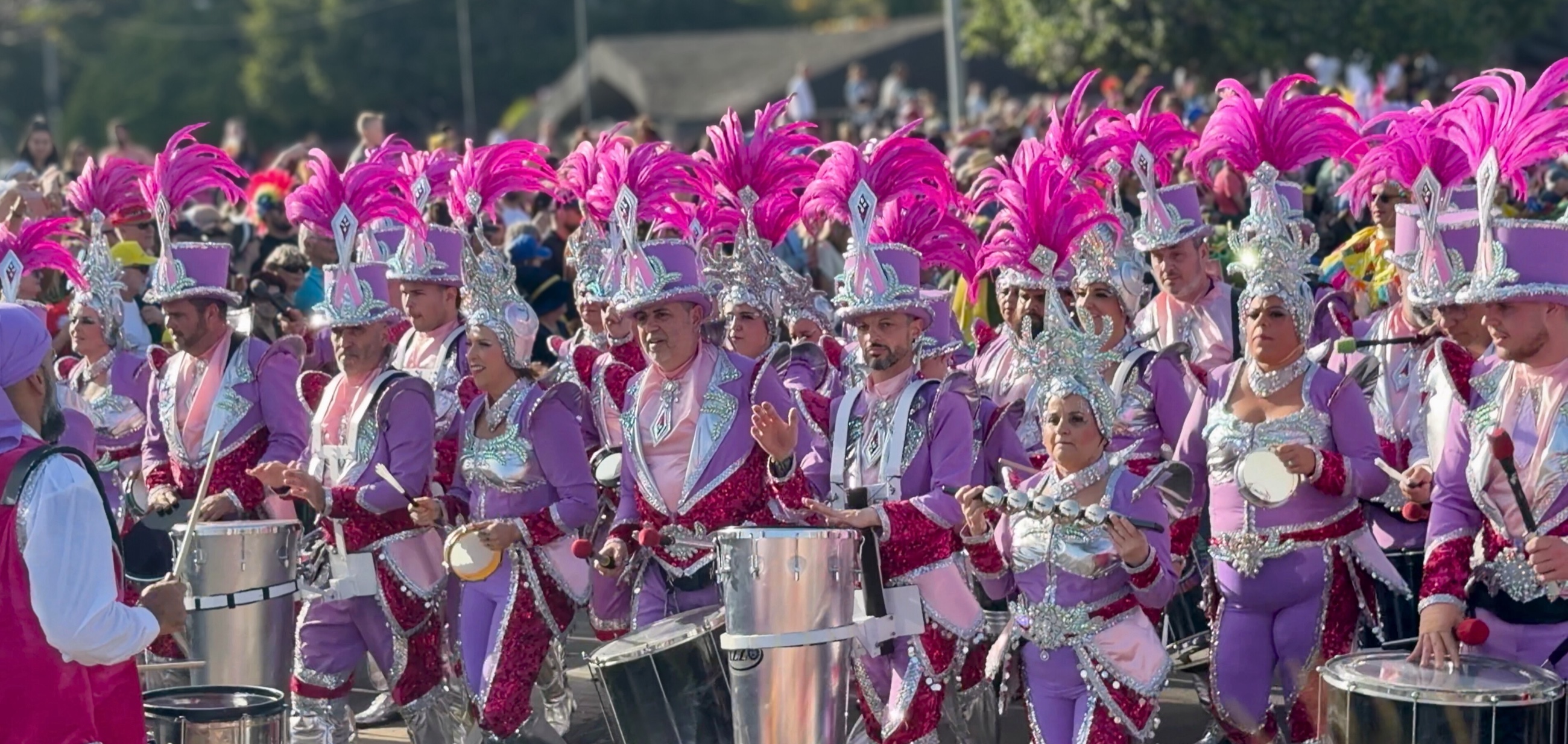 Musicians in bright pink feathered costumes playing drums during the Santa Cruz Carnival parade.