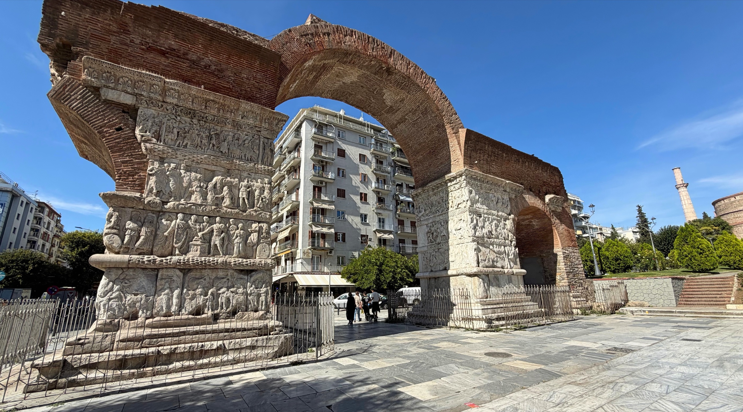 The Arch of Galerius beside apartment buildings in central Thessaloniki