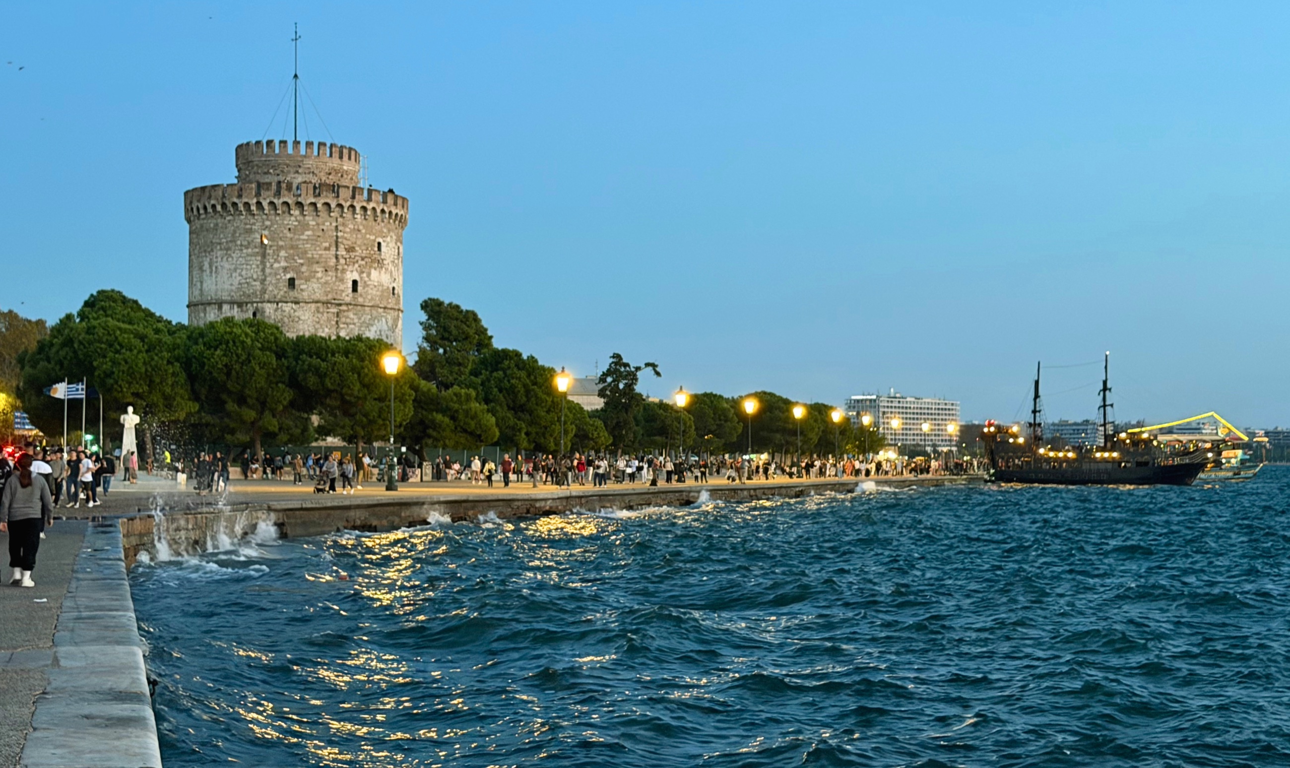 White Tower and waterfront of Thessaloniki at dusk