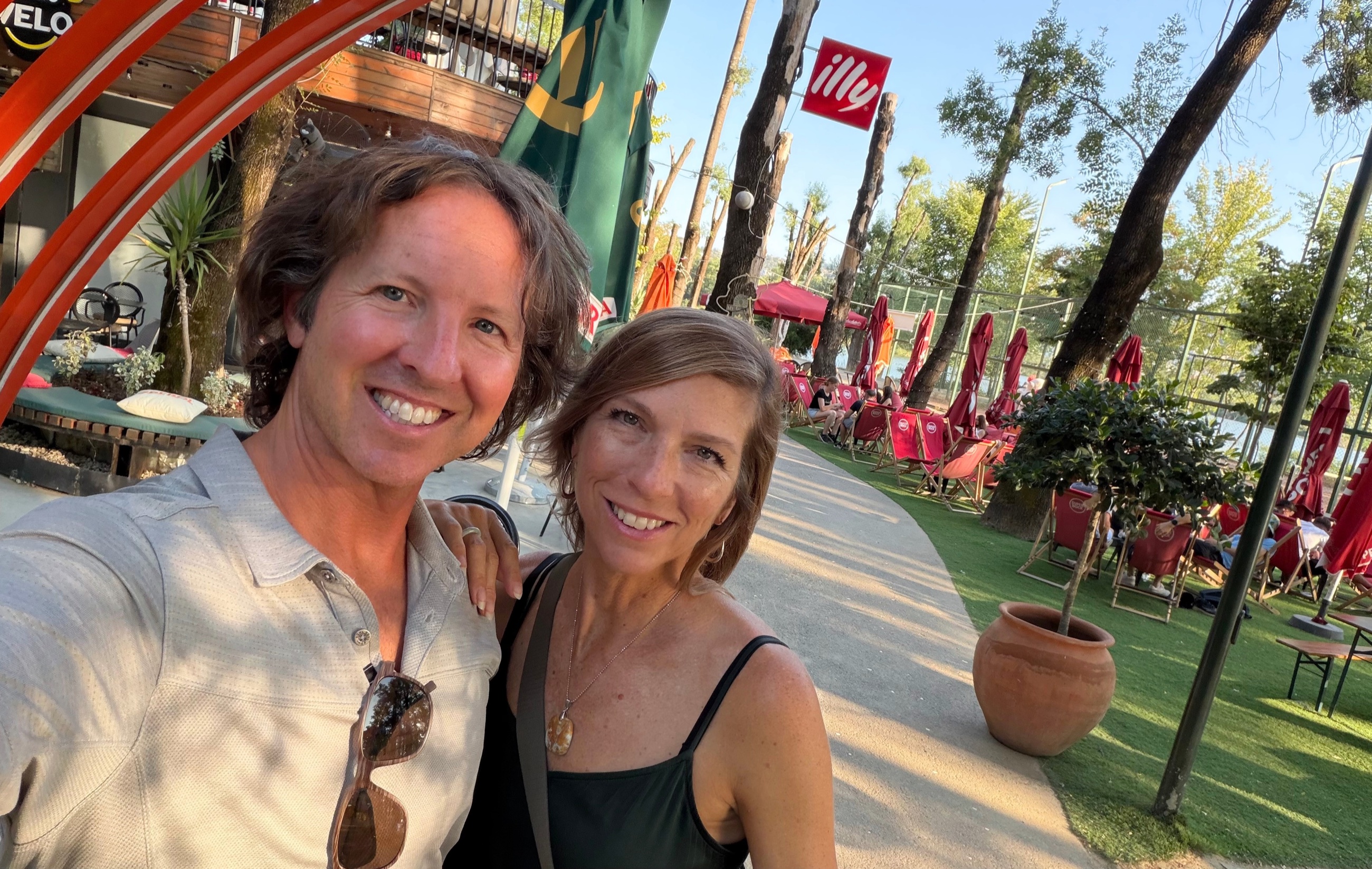 Sam and Stephanie together at My Favourite Tirana, an outdoor pub beside the tennis courts in Grand Park.