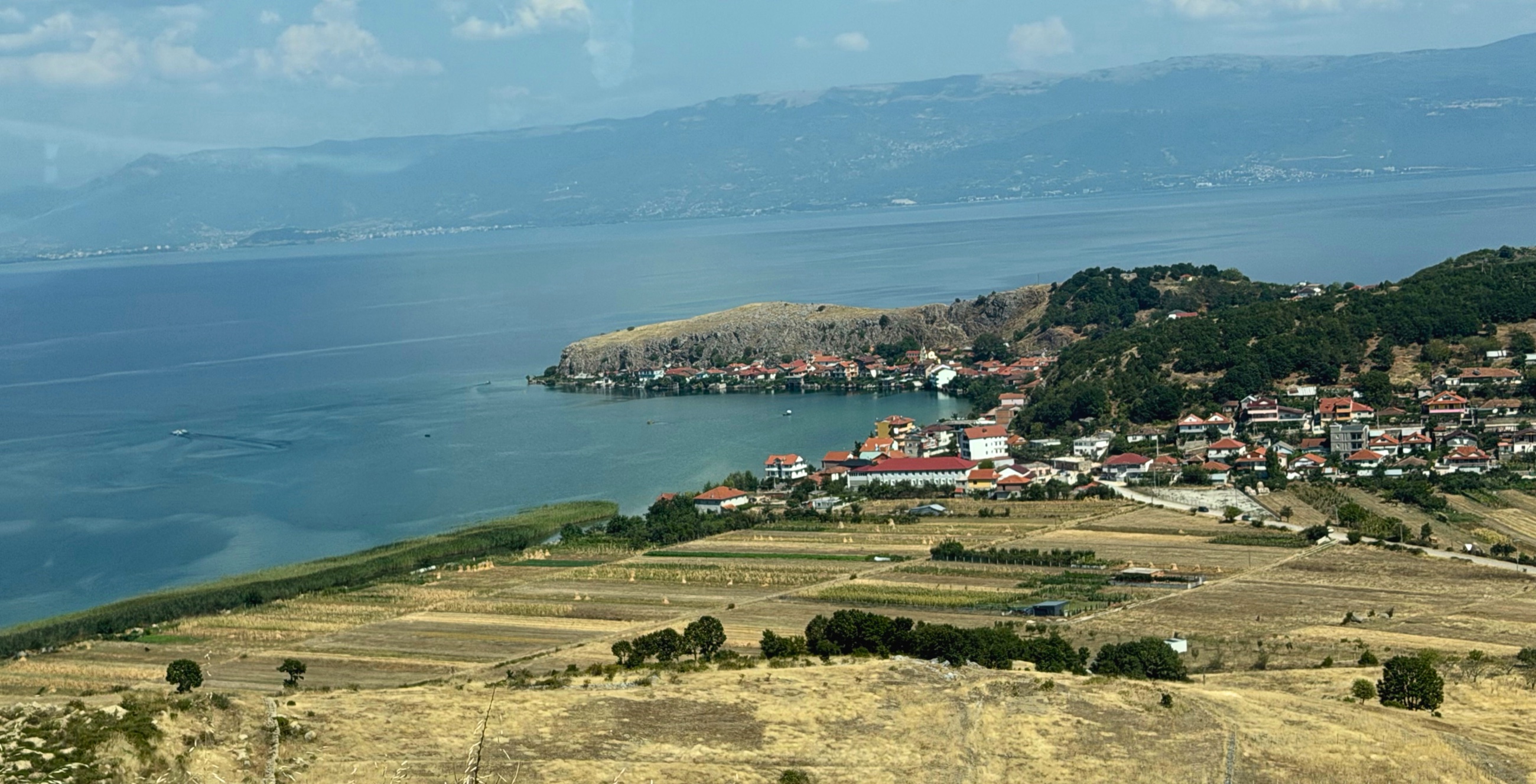 View of Lin and Lake Ohrid from the road across eastern Albania.