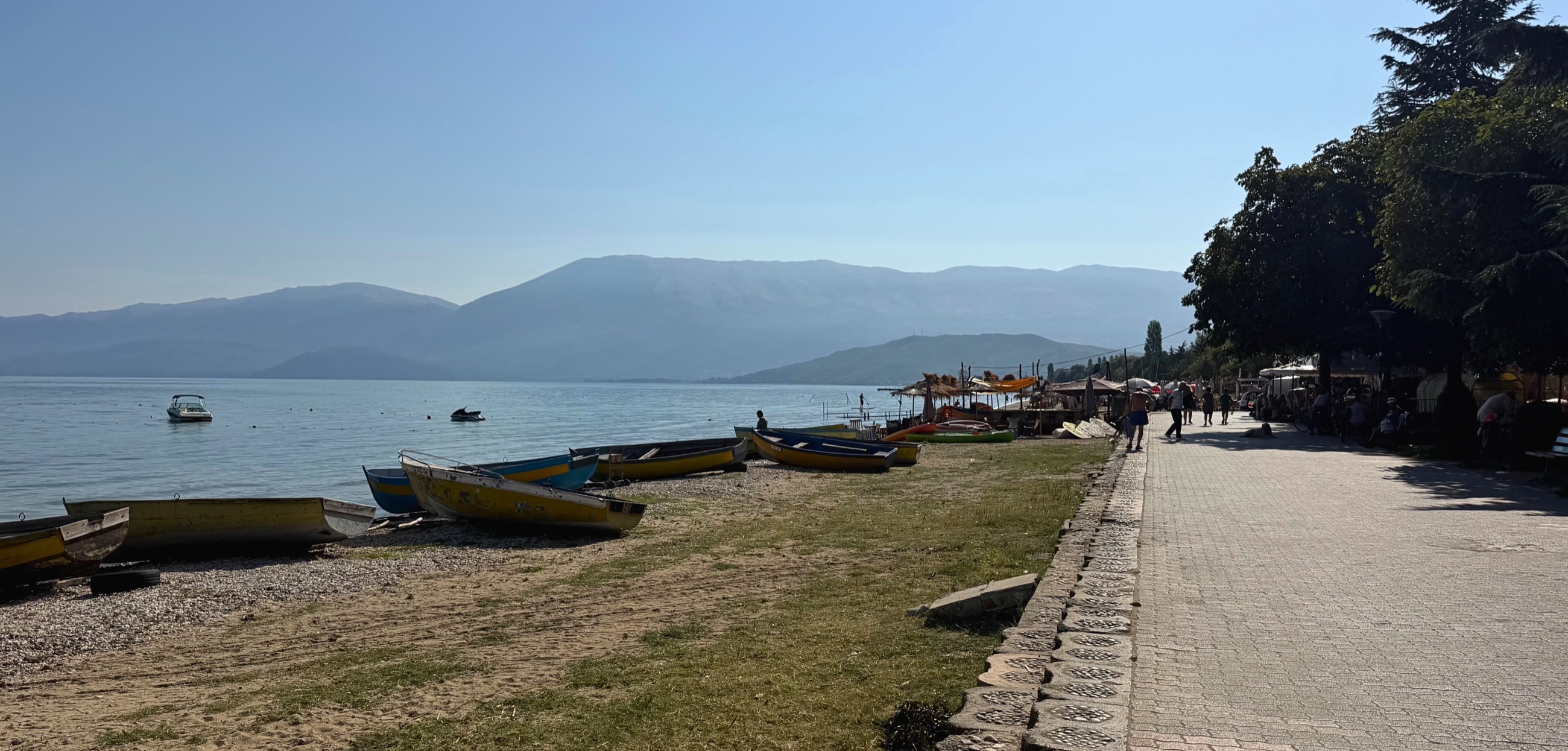 Boats along the waterfront promenade in Pogradec.