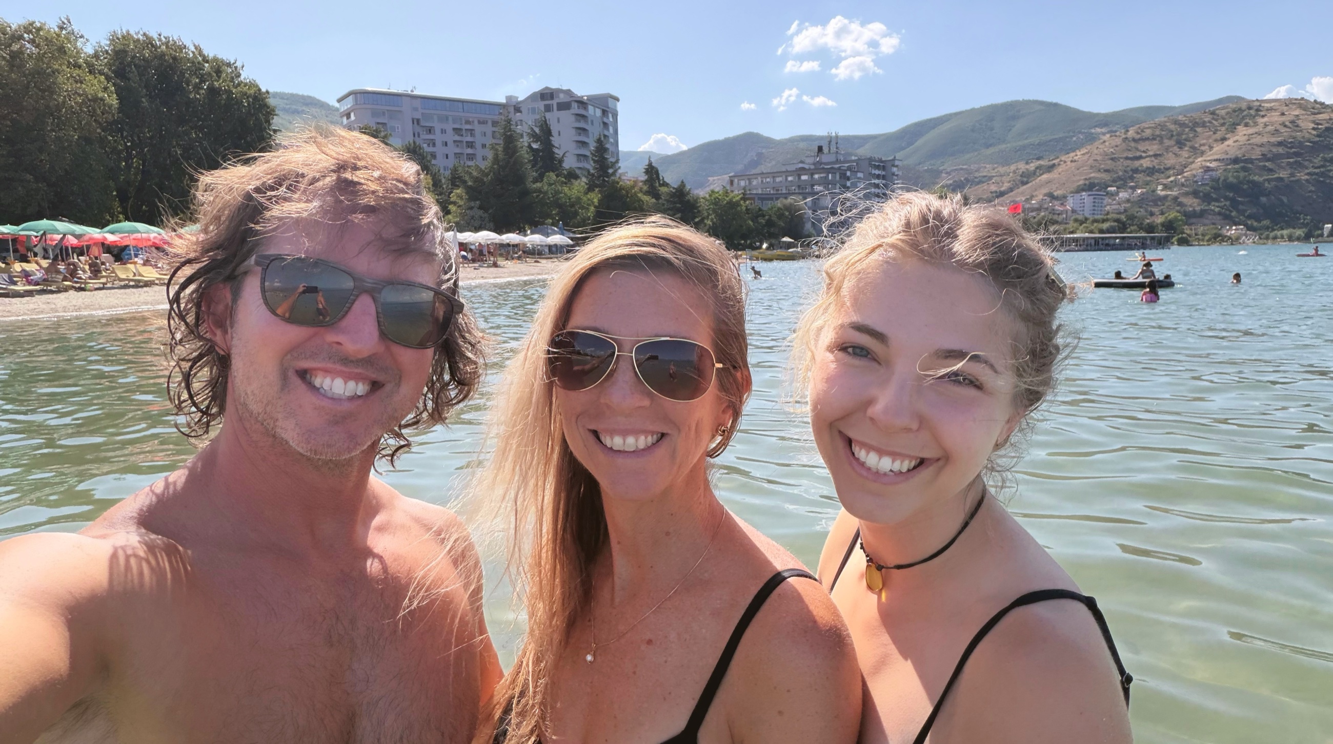 Sam and Stephanie with their daughter on Lake Ohrid.