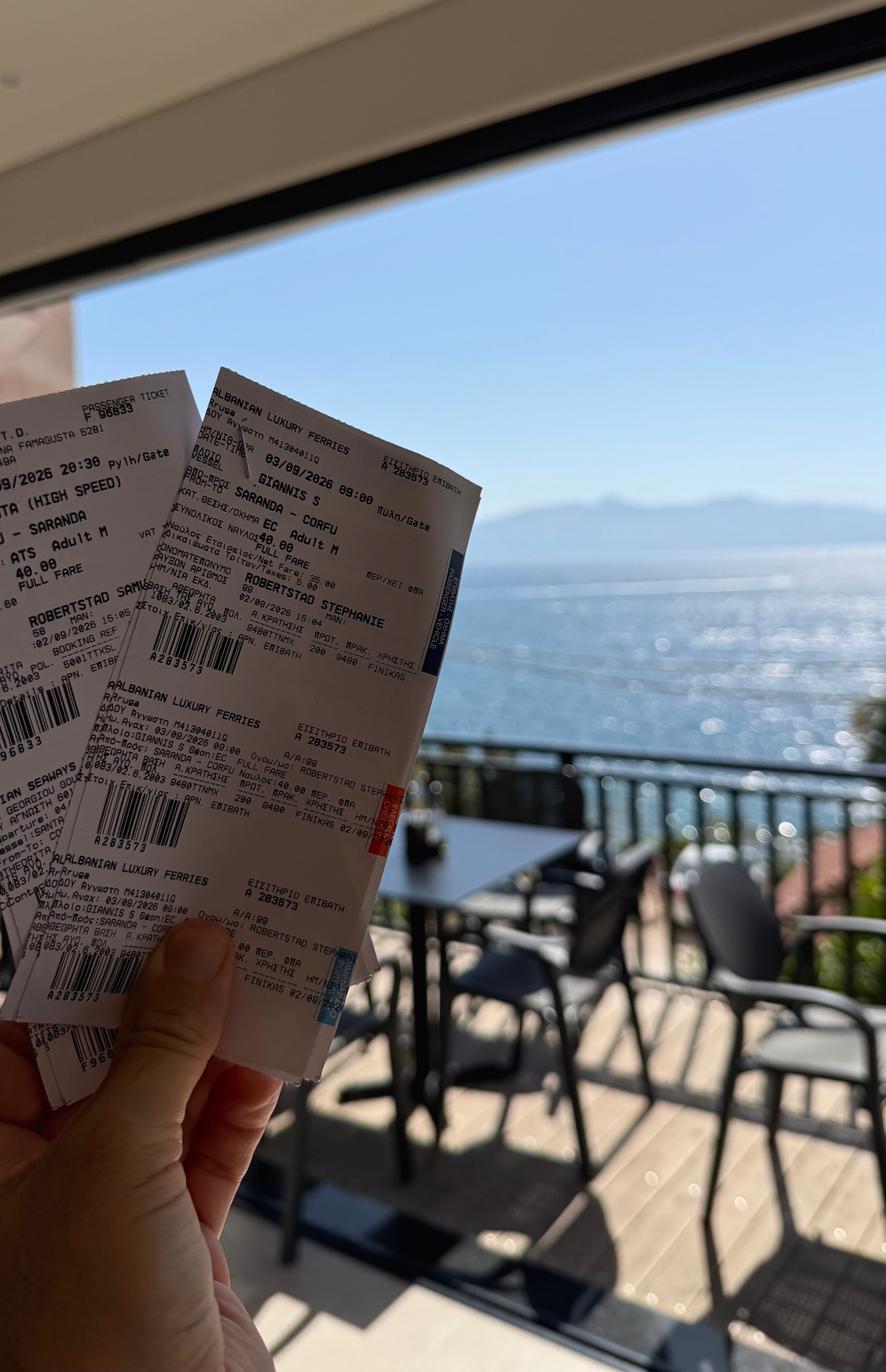 View across the Ionian channel from Sarandë toward Corfu.
