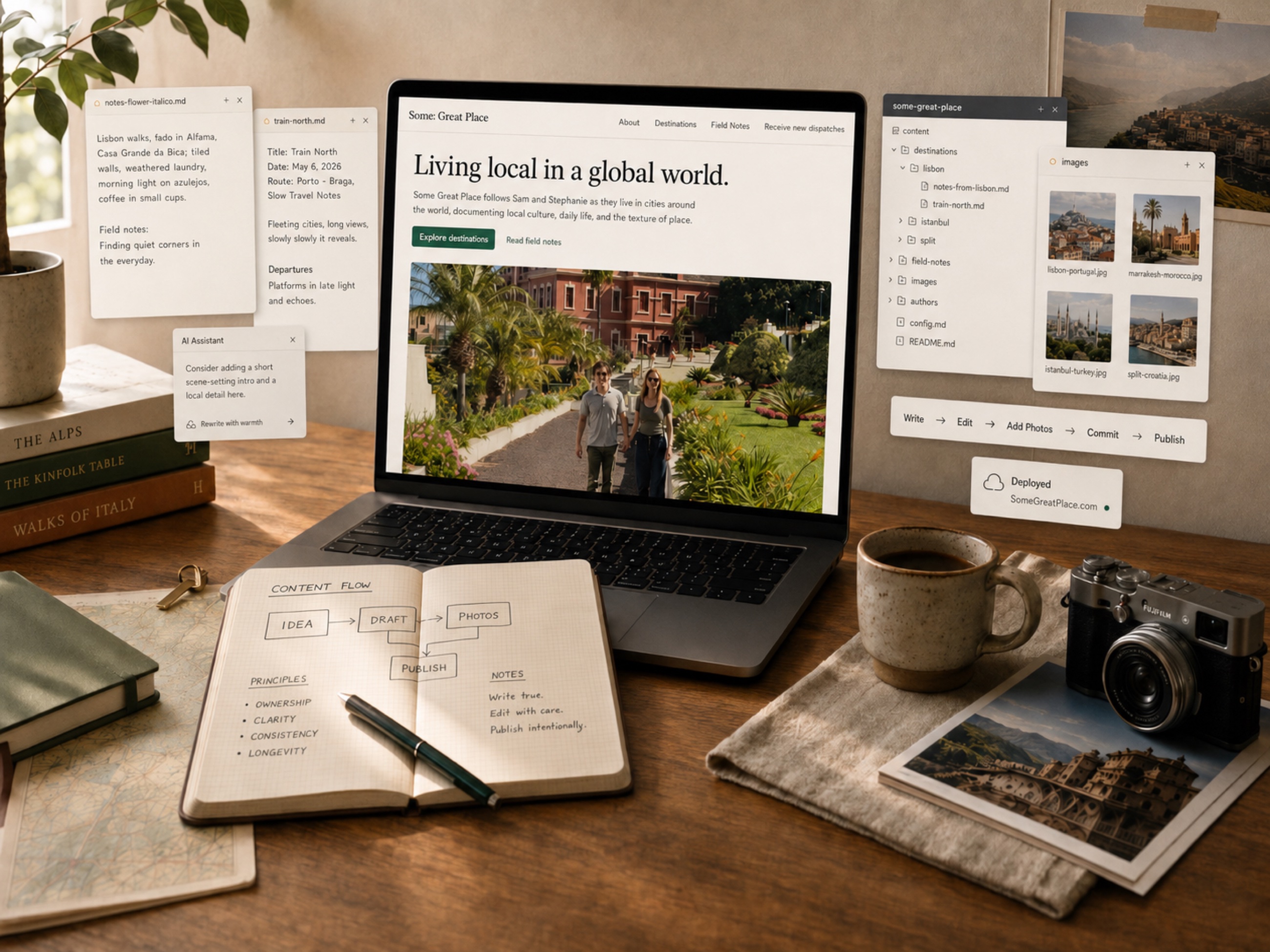 An AI-generated illustration of the Some Great Place publishing workflow, with a laptop, camera, notebook, coffee, and website planning materials on a desk.