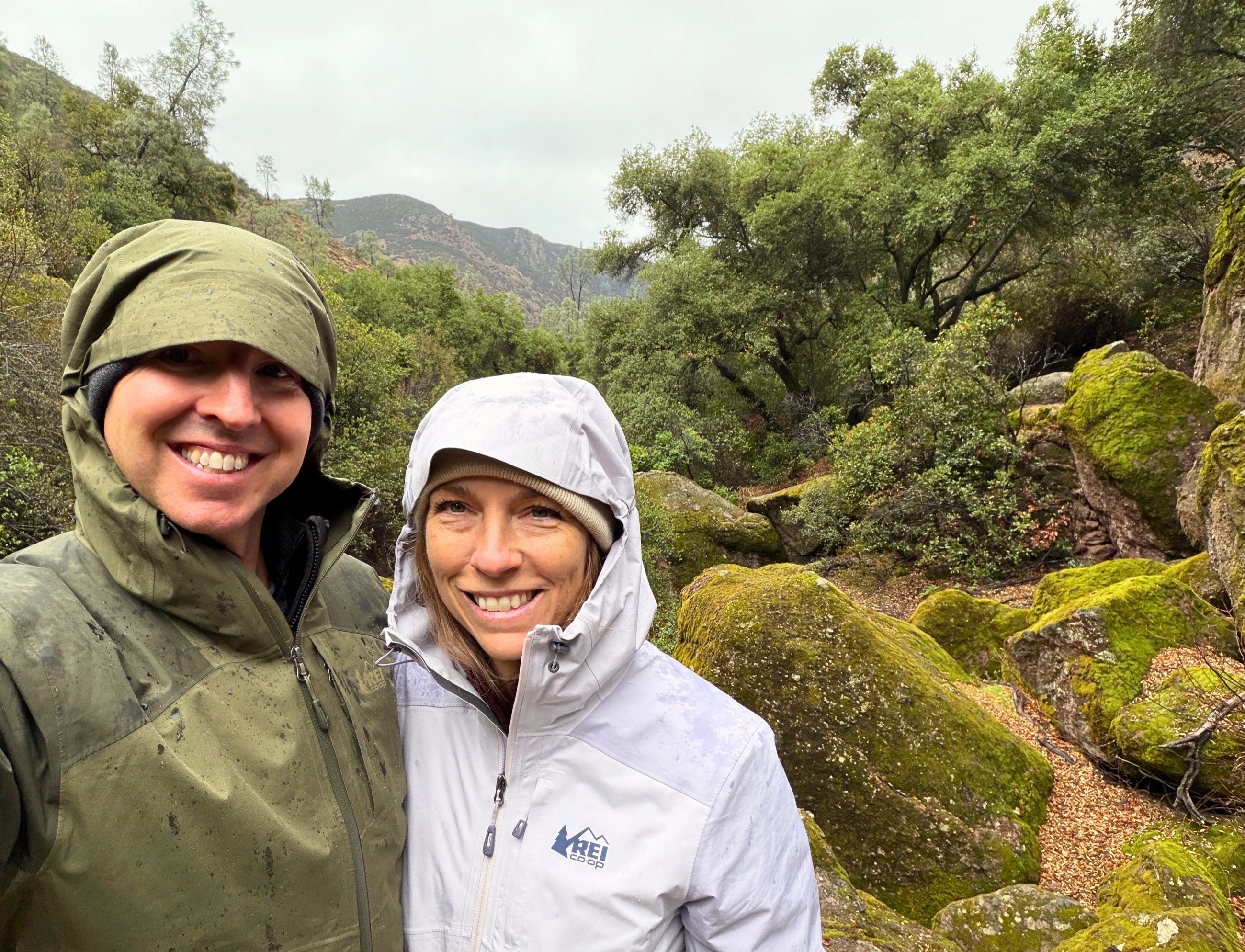 A rain-soaked trail through moss-covered stone at Pinnacles National Park