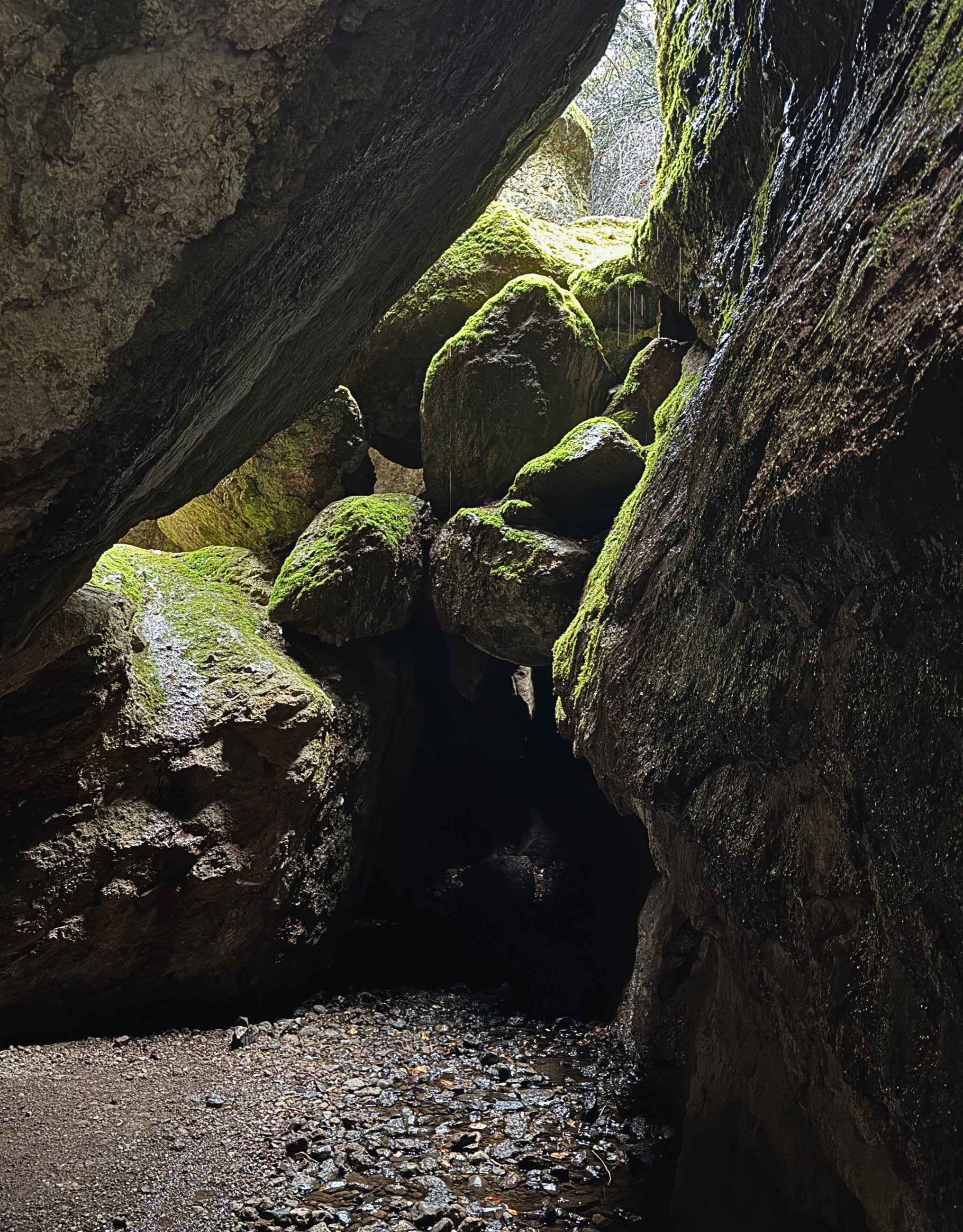 Inside the dark passages of the talus caves at Pinnacles National Park